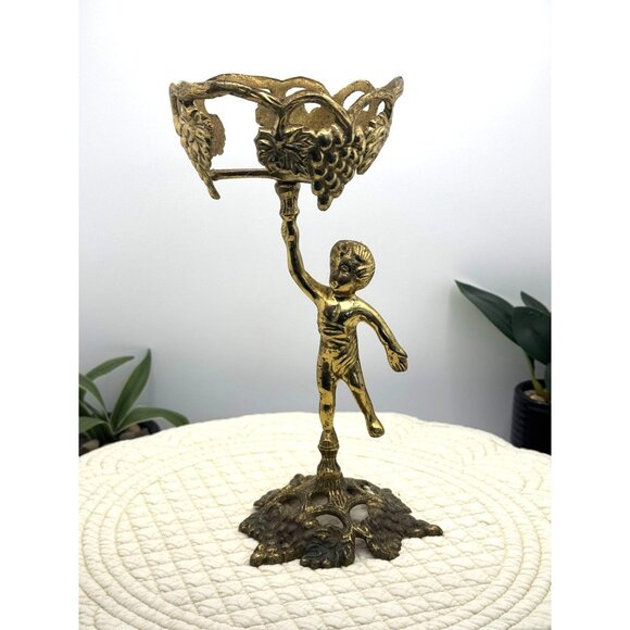 Vintage Gold Brass Cherub Candle Holder With Grapevine Design - Picture 1 of 15